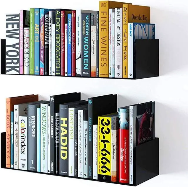 Main image of Wallniture Bali Floating Wall Mount Metal U Shape Shelf Book CD DVD Storage Display Bookcase Black Set of 2