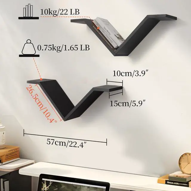 Alt view image 3 of 3 - Black Book Shelves for Wall, Modern Hanging Bookshelf Set of 2