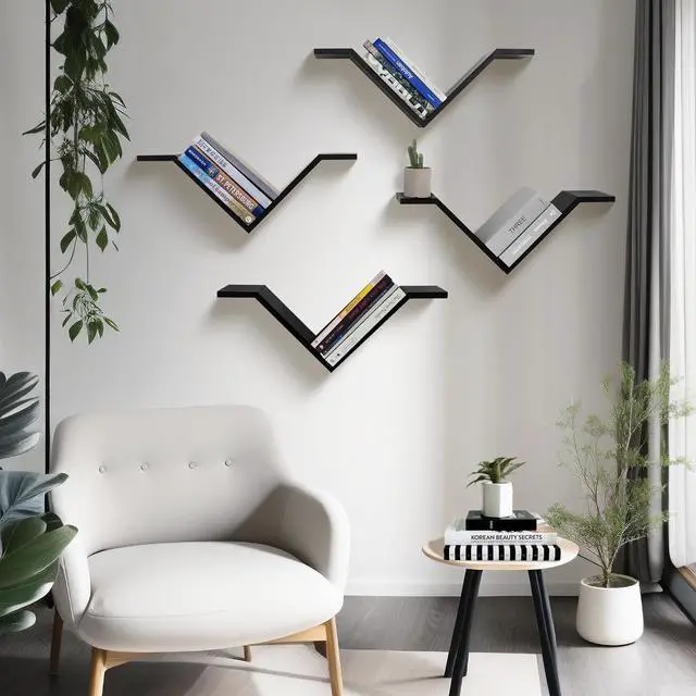 Alt view image 2 of 3 - Black Book Shelves for Wall, Modern Hanging Bookshelf Set of 2