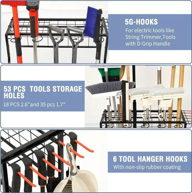 Alt view image 4 of 7 - Garden Tool Organizer for Garage, Garden Tool Rack, Up to 58 Long Handled Tools, Yard Tool Holder for Garage, Shed, Outdoor, Tool Stand, Black (Garden Tool Rack)