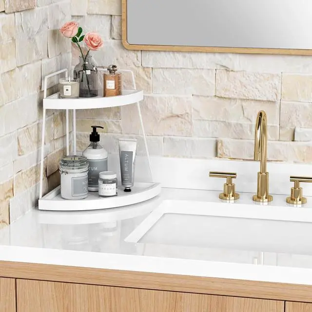 Alt view image 3 of 7 - Forbena White 2 Tier Corner Bathroom Counter Organizer, Bathroom Countertop Shelf Organizer for Kitchen Sink, 2 Tier Makeup Vanity Tray for Dresser Tops Decor, Corner Shelf for Girls Bedroom (White)