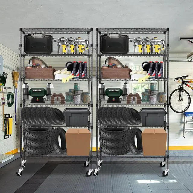 Alt view image 2 of 7 - BolDuck 6 Tier Storage Shelves with Wheels, 2100lbs Capacity Heavy Duty Shelving Units, 14x36x75inch Adjustable Metal Shelf Wire Shelving Rack for Garage, Kitchen, Office, Black