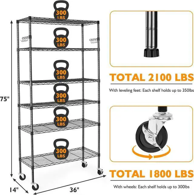 Alt view image 3 of 7 - BolDuck 6 Tier Storage Shelves with Wheels, 2100lbs Capacity Heavy Duty Shelving Units, 14x36x75inch Adjustable Metal Shelf Wire Shelving Rack for Garage, Kitchen, Office, Black