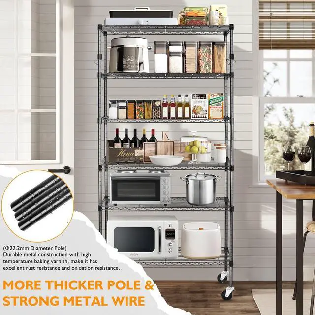 Alt view image 4 of 7 - BolDuck 6 Tier Storage Shelves with Wheels, 2100lbs Capacity Heavy Duty Shelving Units, 14x36x75inch Adjustable Metal Shelf Wire Shelving Rack for Garage, Kitchen, Office, Black