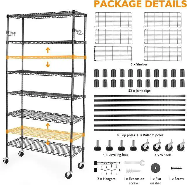 Alt view image 7 of 7 - BolDuck 6 Tier Storage Shelves with Wheels, 2100lbs Capacity Heavy Duty Shelving Units, 14x36x75inch Adjustable Metal Shelf Wire Shelving Rack for Garage, Kitchen, Office, Black