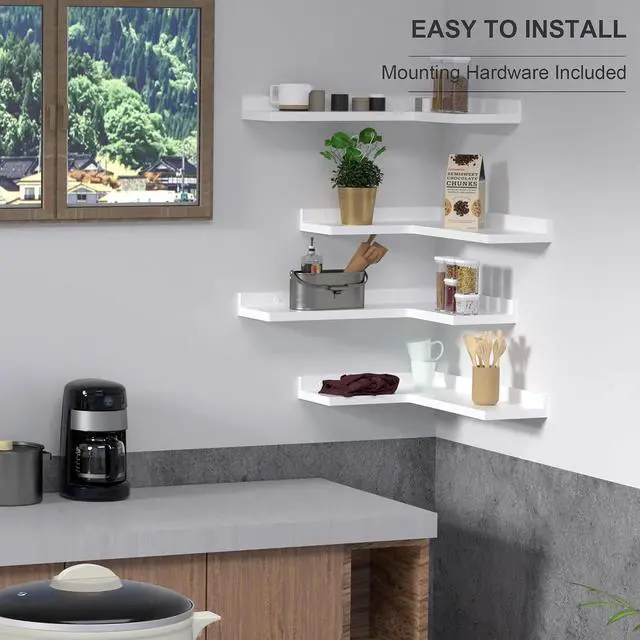 Alt view image 4 of 6 - 4 Tier Corner Floating Shelves Set of 4, Rustic Pine Wood Corner Shelves for Wall Storage and Decor, L-Shaped Corner Wall Mounted Shelf for Bedroom, Living Room, Bathroom, Kitchen White