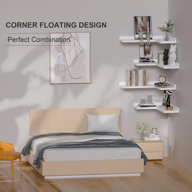 Alt view image 3 of 6 - 4 Tier Corner Floating Shelves Set of 4, Rustic Pine Wood Corner Shelves for Wall Storage and Decor, L-Shaped Corner Wall Mounted Shelf for Bedroom, Living Room, Bathroom, Kitchen White