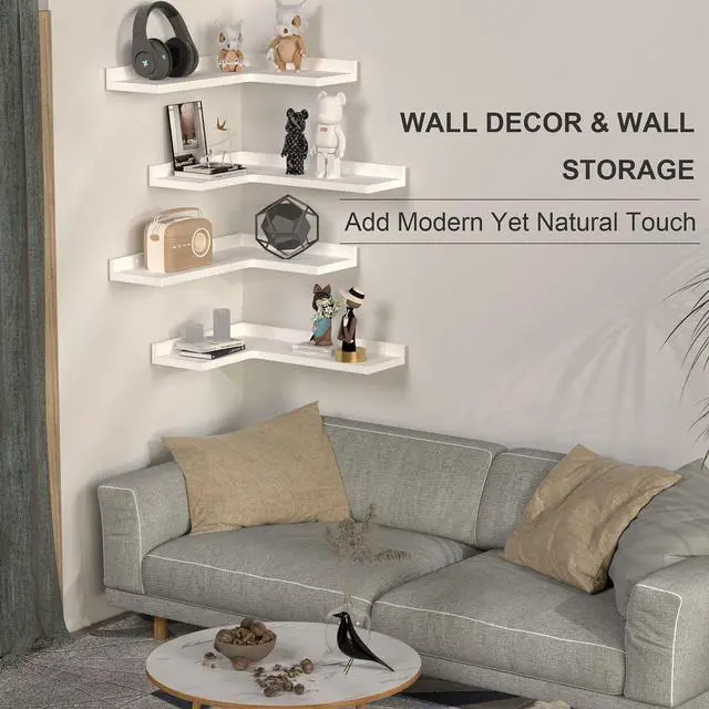 Alt view image 5 of 6 - 4 Tier Corner Floating Shelves Set of 4, Rustic Pine Wood Corner Shelves for Wall Storage and Decor, L-Shaped Corner Wall Mounted Shelf for Bedroom, Living Room, Bathroom, Kitchen White