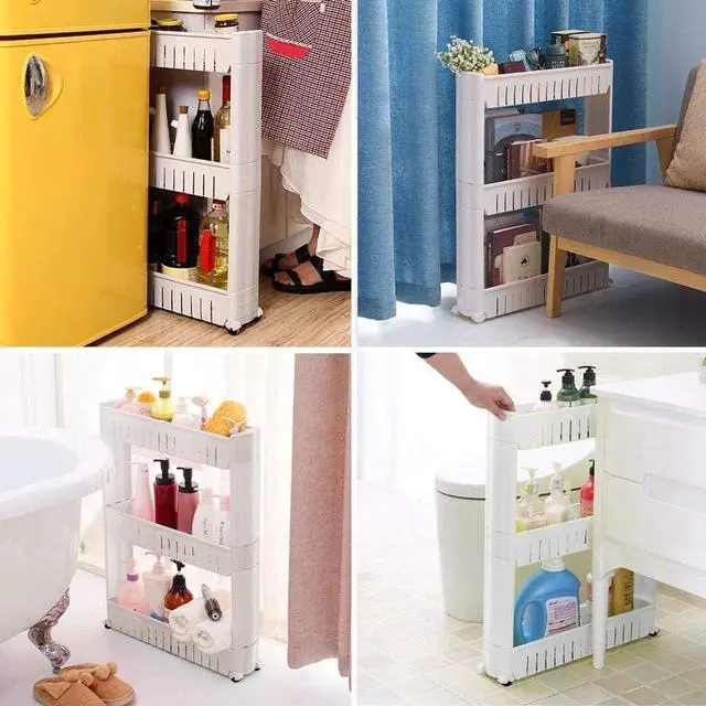 Alt view image 4 of 7 - Modern Home Narrow Sliding Storage Organizer Rack - Laundry/Bathroom/Kitchen Portable Storage Shelves