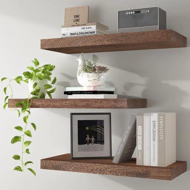 Main image of Floating Shelves Wall Shelf Solid Wood Mounted Storage for Bedroom Living Room Set of 3, Rustic Brown Wall Shelves