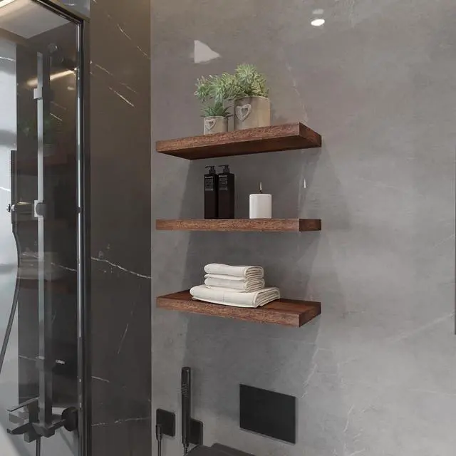 Alt view image 4 of 7 - Floating Shelves Wall Shelf Solid Wood Mounted Storage for Bedroom Living Room Set of 3, Rustic Brown Wall Shelves