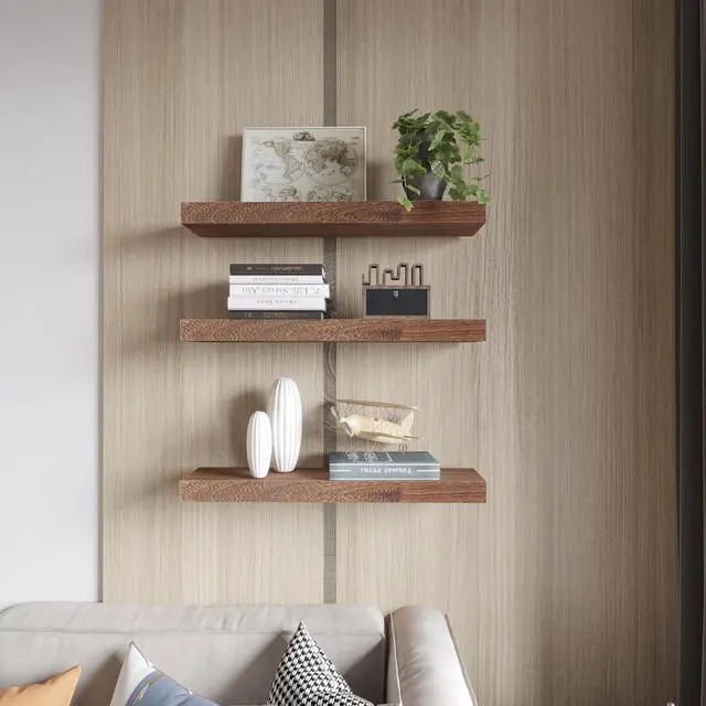 Alt view image 5 of 7 - Floating Shelves Wall Shelf Solid Wood Mounted Storage for Bedroom Living Room Set of 3, Rustic Brown Wall Shelves