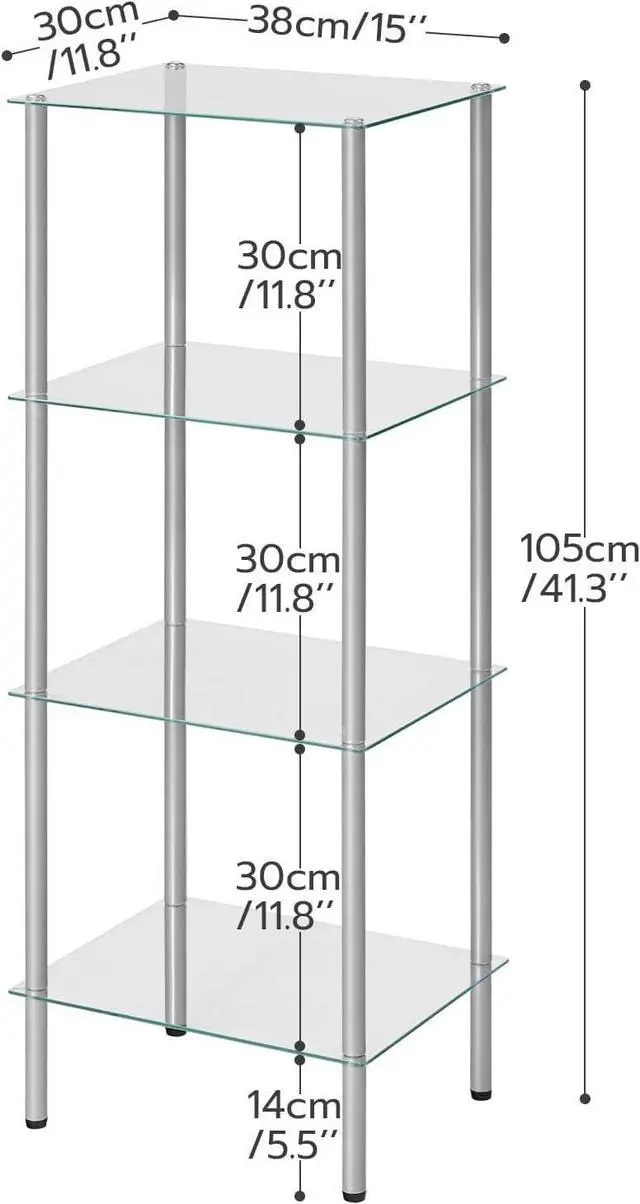 Alt view image 3 of 7 - HOOBRO Glass Shelf, 4 Tier Bathroom Standing Shelf Unit, Tempered Glass Shelving Stand for Small Space, Perfume Stand Organizer, Space-Saving, for Bathroom, Bedroom, Steel Frame, Silver SV04CJ01