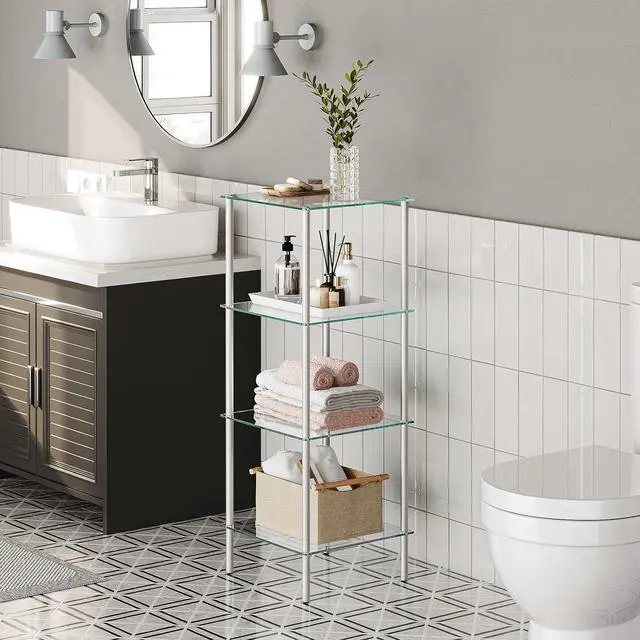 Alt view image 4 of 7 - HOOBRO Glass Shelf, 4 Tier Bathroom Standing Shelf Unit, Tempered Glass Shelving Stand for Small Space, Perfume Stand Organizer, Space-Saving, for Bathroom, Bedroom, Steel Frame, Silver SV04CJ01