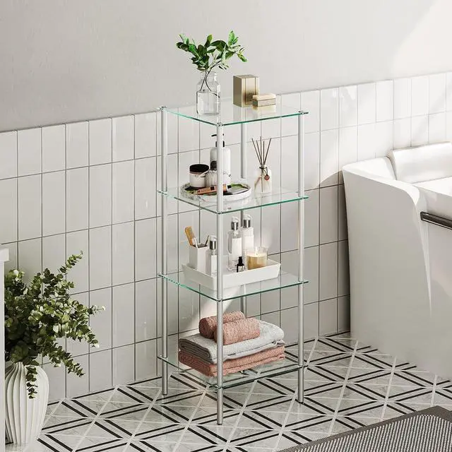 Alt view image 2 of 7 - HOOBRO Glass Shelf, 4 Tier Bathroom Standing Shelf Unit, Tempered Glass Shelving Stand for Small Space, Perfume Stand Organizer, Space-Saving, for Bathroom, Bedroom, Steel Frame, Silver SV04CJ01