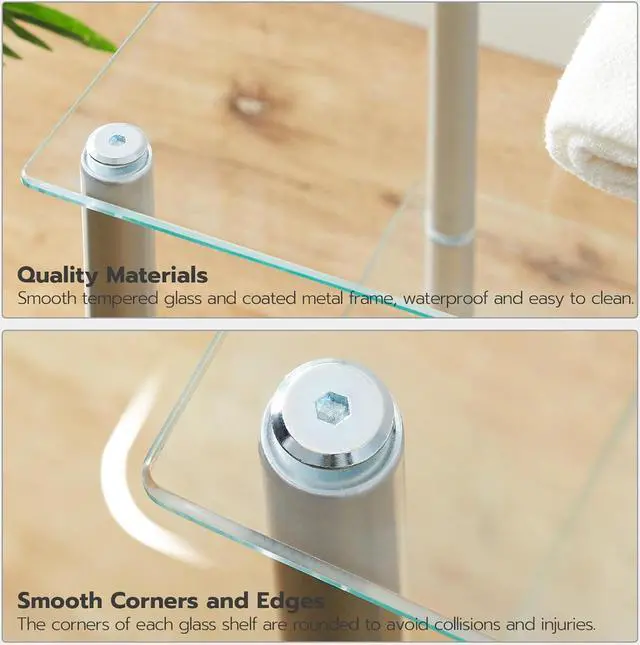 Alt view image 6 of 7 - HOOBRO Glass Shelf, 4 Tier Bathroom Standing Shelf Unit, Tempered Glass Shelving Stand for Small Space, Perfume Stand Organizer, Space-Saving, for Bathroom, Bedroom, Steel Frame, Silver SV04CJ01