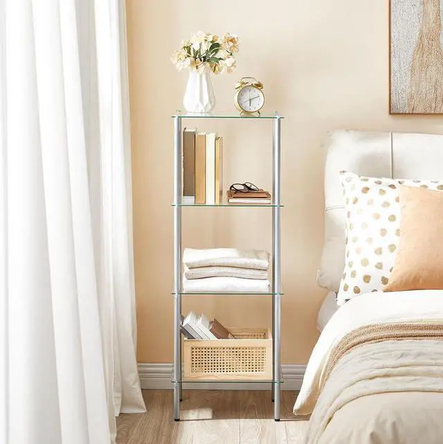 Alt view image 5 of 7 - HOOBRO Glass Shelf, 4 Tier Bathroom Standing Shelf Unit, Tempered Glass Shelving Stand for Small Space, Perfume Stand Organizer, Space-Saving, for Bathroom, Bedroom, Steel Frame, Silver SV04CJ01