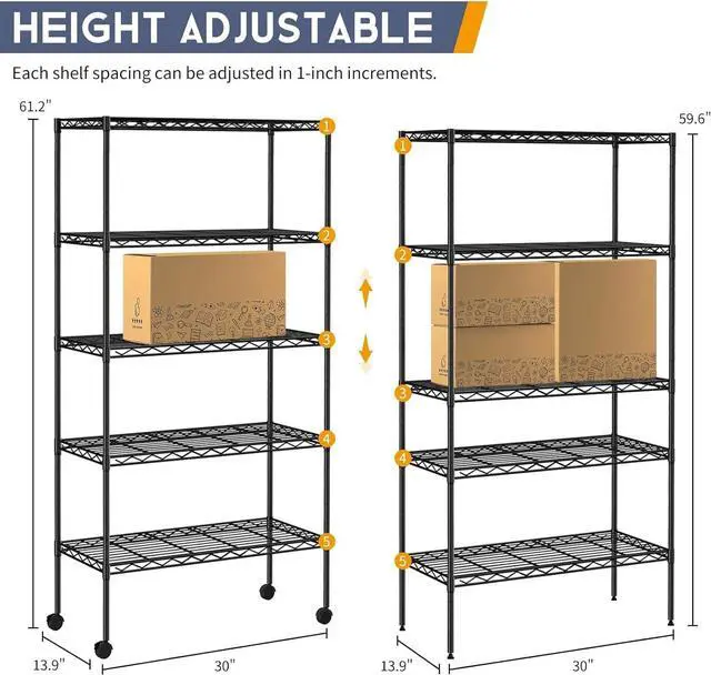 Alt view image 3 of 7 - 5 Tier Wire Shelving Unit with Wheels, 30 x 14 x 61 Metal Rack