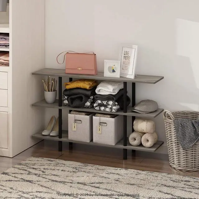 Alt view image 2 of 7 - Furinno Turn-N-Tube 3-Tier Wide Display Shelf, French Oak Grey/Black