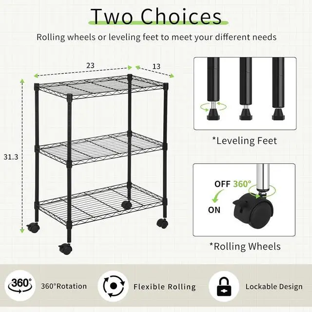 Alt view image 3 of 7 - Wire Shelving Unit with Wheels, 3 Tier Adjustable Rack