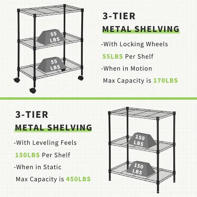 Alt view image 6 of 7 - Wire Shelving Unit with Wheels, 3 Tier Adjustable Rack