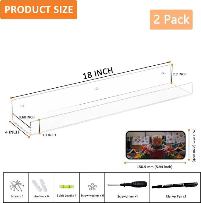 Alt view image 3 of 6 - 18'' Clear Acrylic Bookshelf 2 Pack, Acrylic Floating Book Shelves, Wall Mounting Invisible Ledge Book Shelf