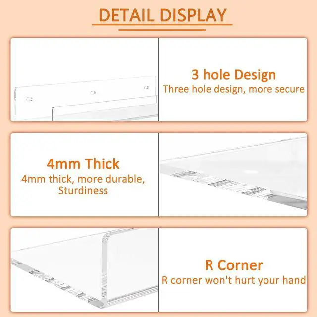 Alt view image 4 of 6 - 18'' Clear Acrylic Bookshelf 2 Pack, Acrylic Floating Book Shelves, Wall Mounting Invisible Ledge Book Shelf