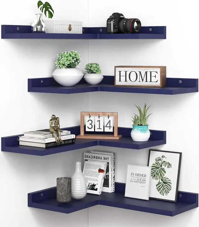 Main image of 4 Tier Floating Shelves - Navy Blue Set of 4, Rustic Pine Wooden L Shaped Corner Wall Shelf for Wall Decor Storage, Bedroom, Living Room, Bathroom, Kitchen