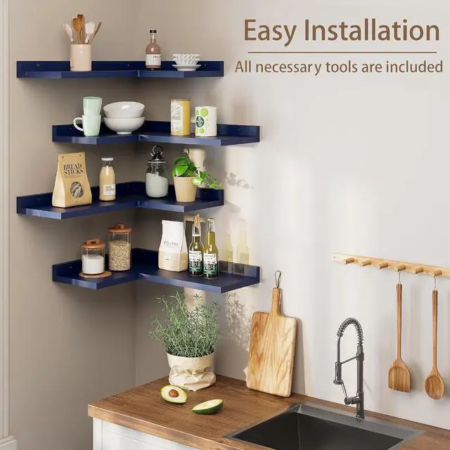 Alt view image 3 of 6 - 4 Tier Floating Shelves - Navy Blue Set of 4, Rustic Pine Wooden L Shaped Corner Wall Shelf for Wall Decor Storage, Bedroom, Living Room, Bathroom, Kitchen