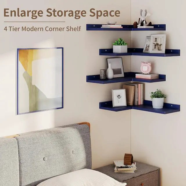 Alt view image 5 of 6 - 4 Tier Floating Shelves - Navy Blue Set of 4, Rustic Pine Wooden L Shaped Corner Wall Shelf for Wall Decor Storage, Bedroom, Living Room, Bathroom, Kitchen