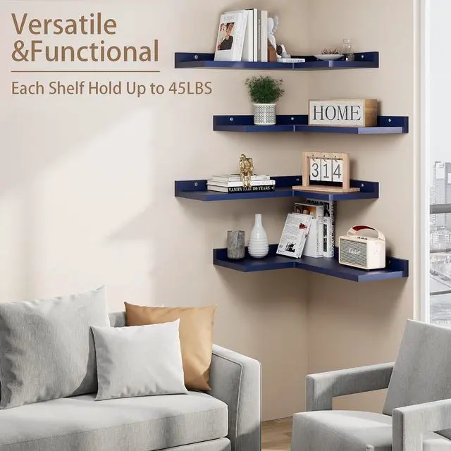 Alt view image 4 of 6 - 4 Tier Floating Shelves - Navy Blue Set of 4, Rustic Pine Wooden L Shaped Corner Wall Shelf for Wall Decor Storage, Bedroom, Living Room, Bathroom, Kitchen
