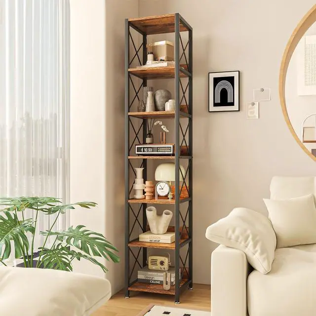 Alt view image 2 of 7 - IBUYKE 6-Tier Tall Narrow Bookshelf,Storage Display Rack,Brown TBC001H