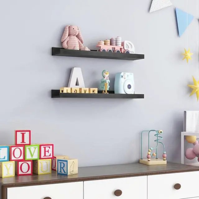 Alt view image 2 of 7 - Picture Ledge Shelf for Wall, 24 inch Solid Pine Wood Nursery Book Shelves 2 Packs, Floating Ledge Shelves for Kids' Room Bedroom Bathroom Living Room Photo Frames Office Nursey Wall Decor, Black