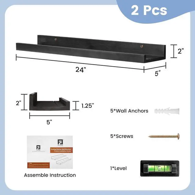 Alt view image 3 of 7 - Picture Ledge Shelf for Wall, 24 inch Solid Pine Wood Nursery Book Shelves 2 Packs, Floating Ledge Shelves for Kids' Room Bedroom Bathroom Living Room Photo Frames Office Nursey Wall Decor, Black