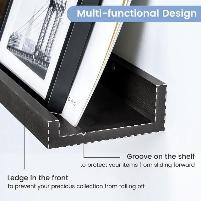 Alt view image 5 of 7 - Picture Ledge Shelf for Wall, 24 inch Solid Pine Wood Nursery Book Shelves 2 Packs, Floating Ledge Shelves for Kids' Room Bedroom Bathroom Living Room Photo Frames Office Nursey Wall Decor, Black