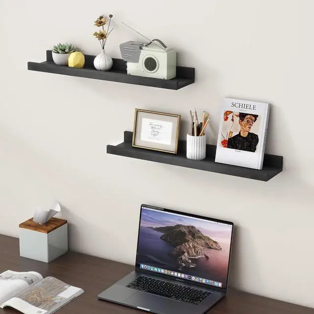 Alt view image 6 of 7 - Picture Ledge Shelf for Wall, 24 inch Solid Pine Wood Nursery Book Shelves 2 Packs, Floating Ledge Shelves for Kids' Room Bedroom Bathroom Living Room Photo Frames Office Nursey Wall Decor, Black