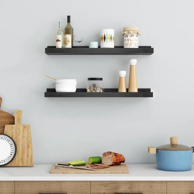 Alt view image 7 of 7 - Picture Ledge Shelf for Wall, 24 inch Solid Pine Wood Nursery Book Shelves 2 Packs, Floating Ledge Shelves for Kids' Room Bedroom Bathroom Living Room Photo Frames Office Nursey Wall Decor, Black