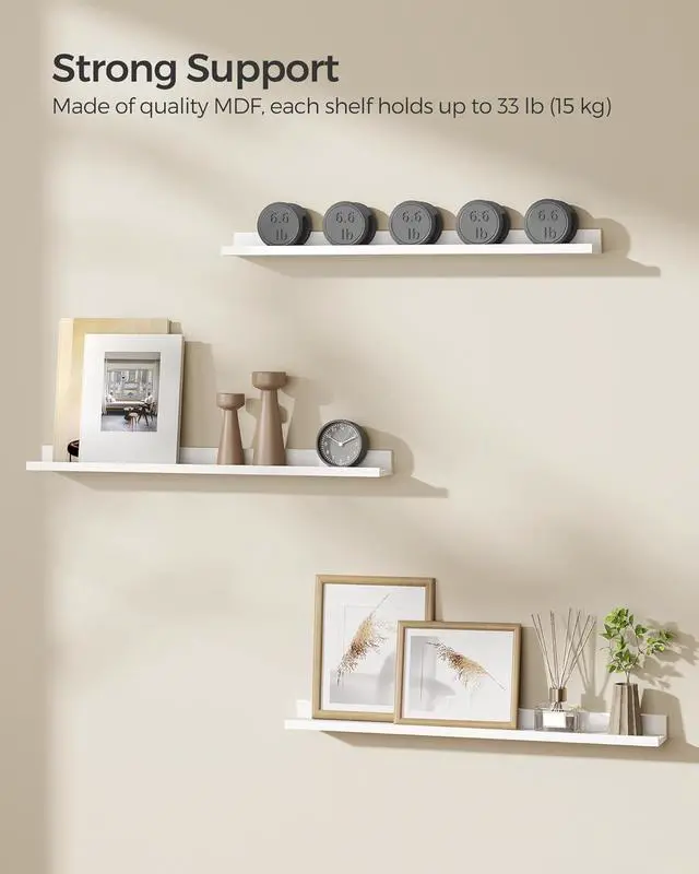 Alt view image 4 of 7 - SONGMICS CUSTOS Collection - Floating Shelves, Set of 3 Wall Shelves, 31.5-Inch Wide, for Photo Frames and Trinkets, for Living Room, Home Office, Kitchen, Bathroom, White ULWS081W01