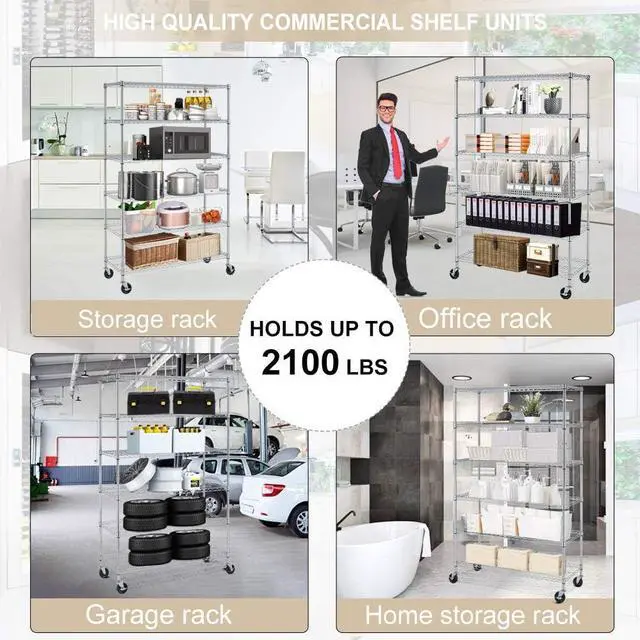 Alt view image 4 of 7 - HGS Metal Shelves 6 Layer Wire Shelving on Wheels Heavy Duty Metal Storage Rack Utility Shelves 45" NSF Steel Racks 2100 LBS Capacity Adjustable Standing Shelves for Garage Kitchen Office, Chrome