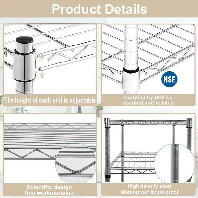 Alt view image 5 of 7 - HGS Metal Shelves 6 Layer Wire Shelving on Wheels Heavy Duty Metal Storage Rack Utility Shelves 45" NSF Steel Racks 2100 LBS Capacity Adjustable Standing Shelves for Garage Kitchen Office, Chrome