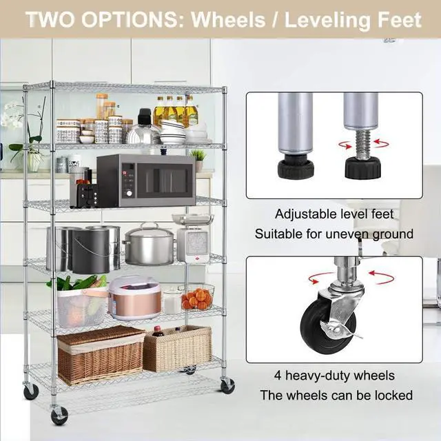 Alt view image 6 of 7 - HGS Metal Shelves 6 Layer Wire Shelving on Wheels Heavy Duty Metal Storage Rack Utility Shelves 45" NSF Steel Racks 2100 LBS Capacity Adjustable Standing Shelves for Garage Kitchen Office, Chrome