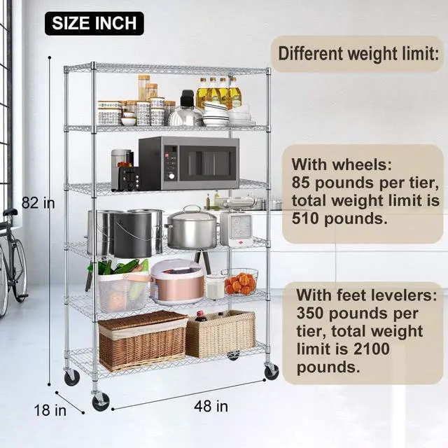 Alt view image 3 of 7 - HGS Metal Shelves 6 Layer Wire Shelving on Wheels Heavy Duty Metal Storage Rack Utility Shelves 45" NSF Steel Racks 2100 LBS Capacity Adjustable Standing Shelves for Garage Kitchen Office, Chrome