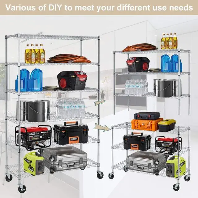 Alt view image 7 of 7 - HGS Metal Shelves 6 Layer Wire Shelving on Wheels Heavy Duty Metal Storage Rack Utility Shelves 45" NSF Steel Racks 2100 LBS Capacity Adjustable Standing Shelves for Garage Kitchen Office, Chrome