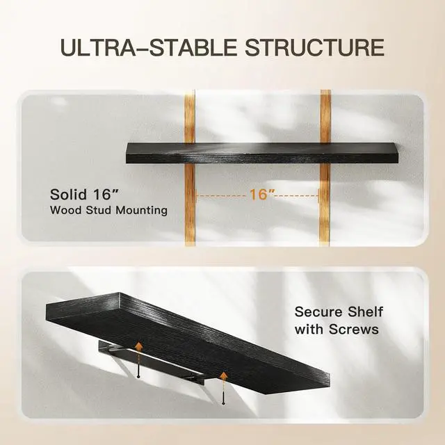 Alt view image 6 of 7 - Amada 32 Inch Floating Shelves with Invisible Brackets, Set of 2, Black