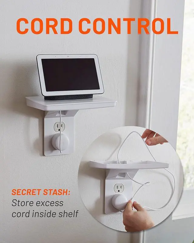 Alt view image 5 of 7 - ECHOGEAR Wide Outlet Shelf - Next-Gen Design with Built-in Cord Storage & Room for Bulky Plugs - Works with Both Standard & Decora Outlets - Quick Install with Included Hardware