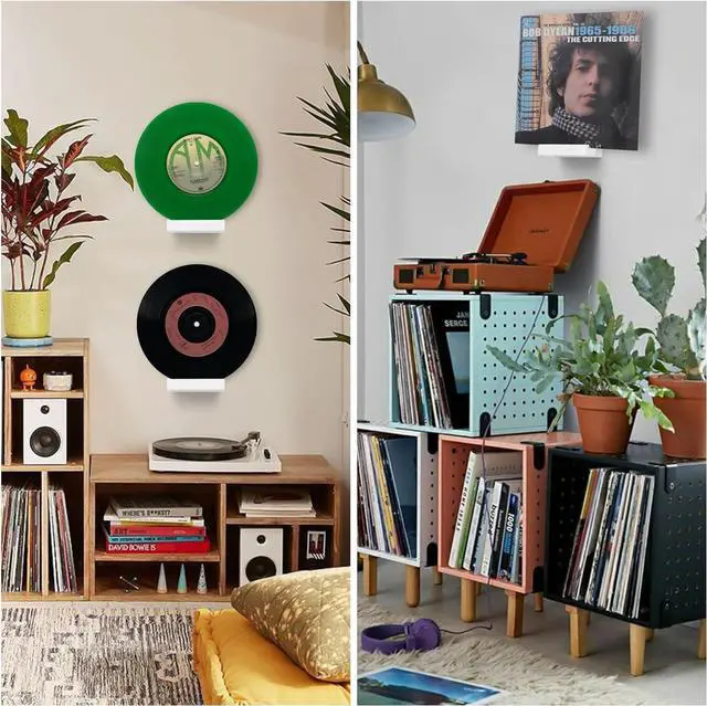 Alt view image 5 of 7 - Wood Vinyl Record Shelf Wall Mount, Small Wall Record Holder Display Shelf, Vinyl Record Shelves Record Album Display Holder for LP, CD, Book Art Storage Vintage Home Decor (12, White)