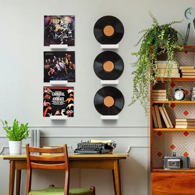 Alt view image 2 of 7 - Wood Vinyl Record Shelf Wall Mount, Small Wall Record Holder Display Shelf, Vinyl Record Shelves Record Album Display Holder for LP, CD, Book Art Storage Vintage Home Decor (12, White)
