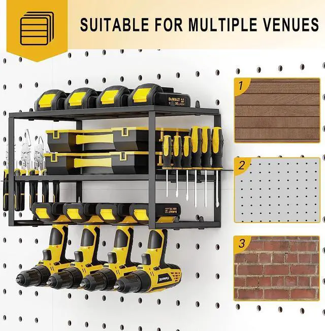 Alt view image 4 of 7 - SPACECARE Power Tool Organizer- 2 Pack 3 Layers Rack for 8 Drill Holders | Heavy Duty Tool Shelf Durable Wall Mount Tool Storage Rack for Work Shop, Garage Organization, 150Lbs Load Capacity, Black
