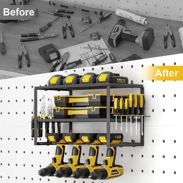 Alt view image 5 of 7 - SPACECARE Power Tool Organizer- 2 Pack 3 Layers Rack for 8 Drill Holders | Heavy Duty Tool Shelf Durable Wall Mount Tool Storage Rack for Work Shop, Garage Organization, 150Lbs Load Capacity, Black