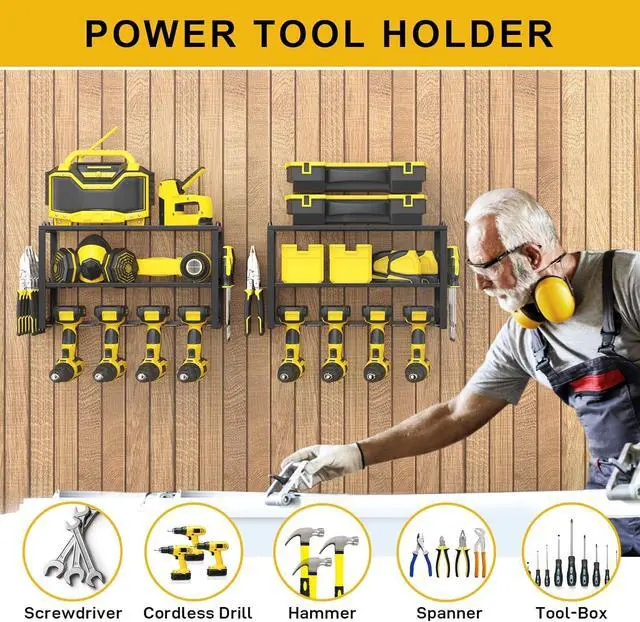 Alt view image 6 of 7 - SPACECARE Power Tool Organizer- 2 Pack 3 Layers Rack for 8 Drill Holders | Heavy Duty Tool Shelf Durable Wall Mount Tool Storage Rack for Work Shop, Garage Organization, 150Lbs Load Capacity, Black